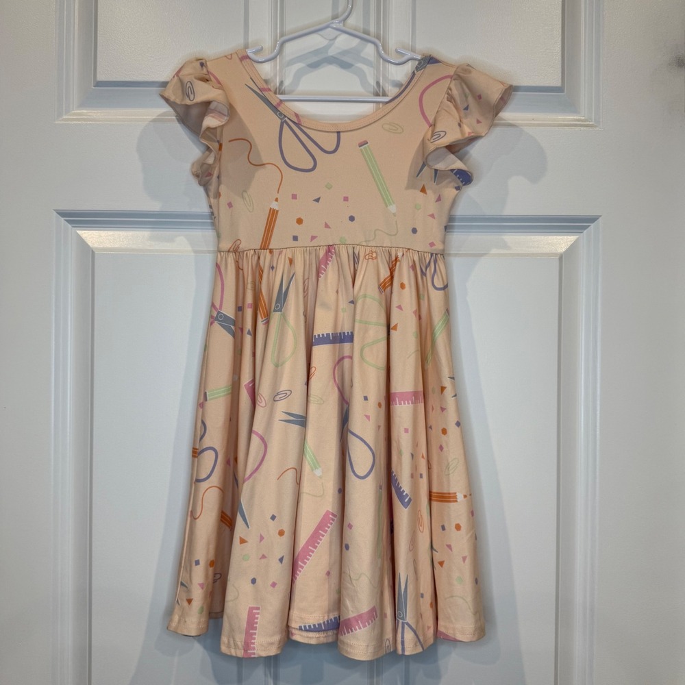 Dot Dot Smile Kids Girls 3/4 School Supplies Print Ruffle Dress Peach